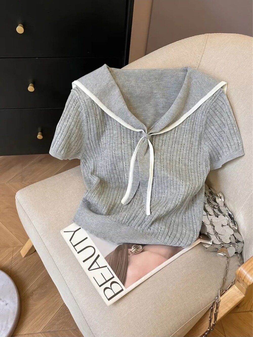 2026 Spring/Summer Women's Color-Block Navy Collar Preppy Style Pullover